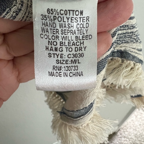 Umgee Boho Blue Kimono Wide Stripe Bottom Natural Fringe Trim Lapel Cardigan M/L - Picture 8 of 8